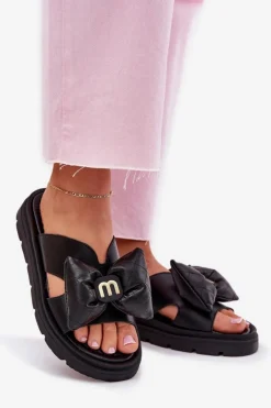 Damskie CheBello Skórzane Klapki Damskie Na Platformie Z Kokardą 4647 Czarne