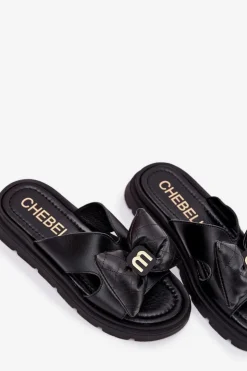 Damskie CheBello Skórzane Klapki Damskie Na Platformie Z Kokardą 4647 Czarne