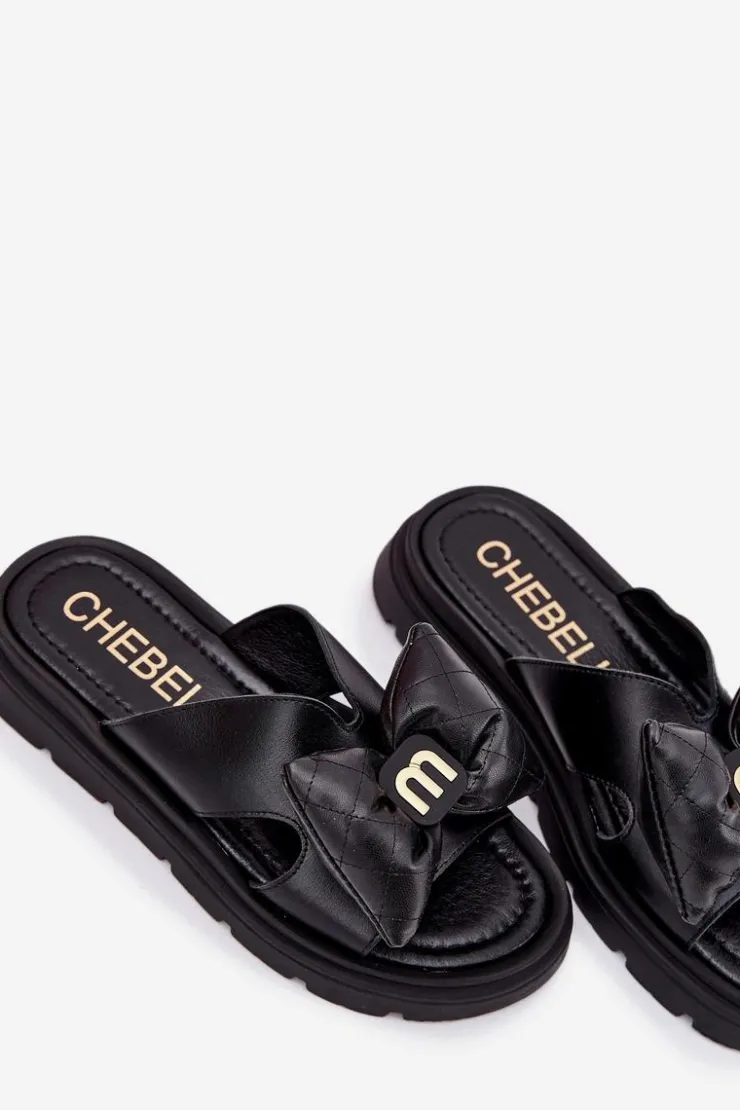 Damskie CheBello Skórzane Klapki Damskie Na Platformie Z Kokardą 4647 Czarne