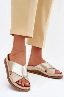 Maciejka Klapki Damskie Klasyczne*Skórzane Klapki Damskie Na Platformie L4986-37 Beżowo-Złote