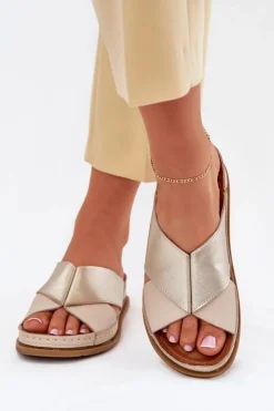 Maciejka Klapki Damskie Klasyczne*Skórzane Klapki Damskie Na Platformie L4986-37 Beżowo-Złote