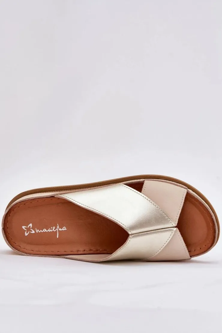 Maciejka Klapki Damskie Klasyczne*Skórzane Klapki Damskie Na Platformie L4986-37 Beżowo-Złote