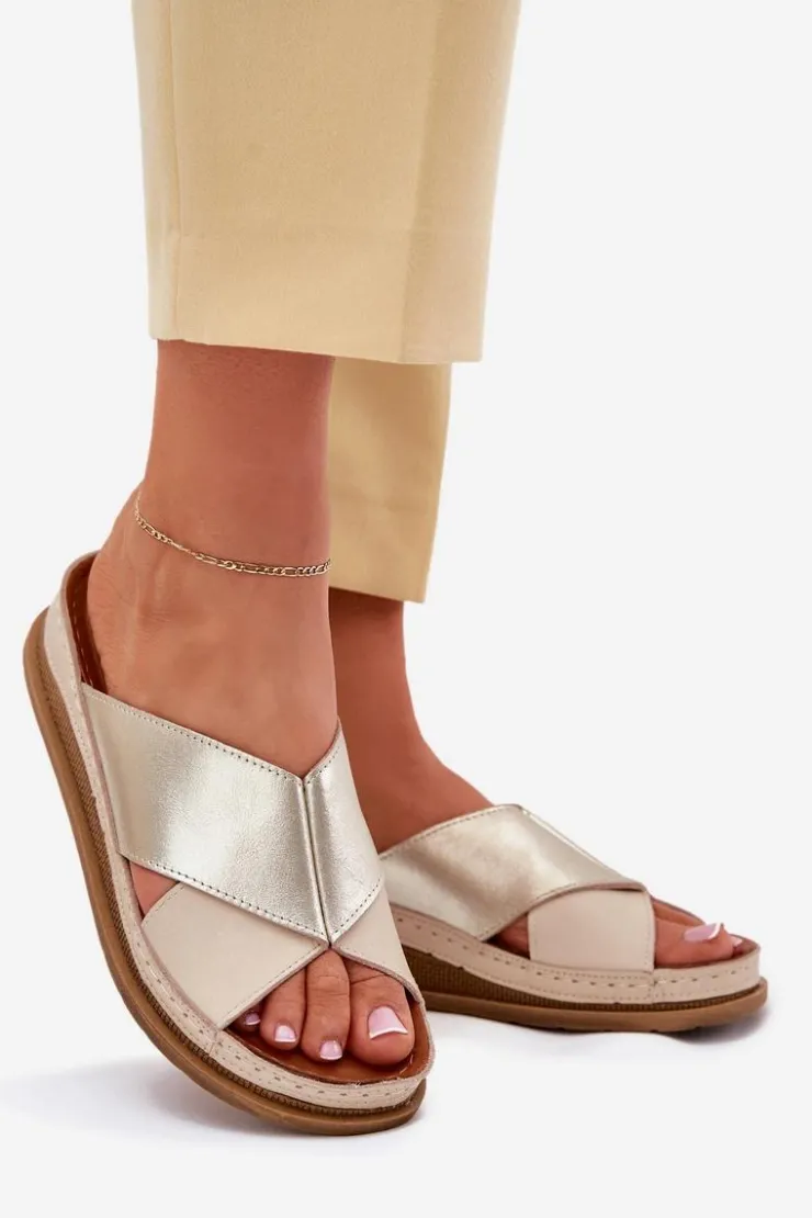 Maciejka Klapki Damskie Klasyczne*Skórzane Klapki Damskie Na Platformie L4986-37 Beżowo-Złote