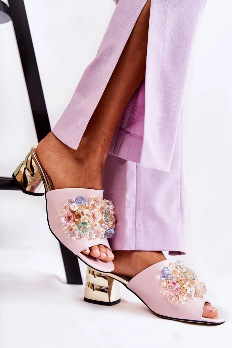 Damskie Boto Skórzane Klapki Damskie Na Obcasie Z Ozdobą Różowe Calinda