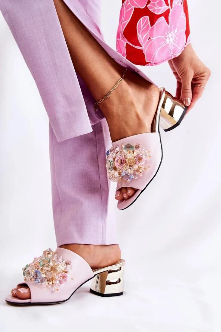 Damskie Boto Skórzane Klapki Damskie Na Obcasie Z Ozdobą Różowe Calinda