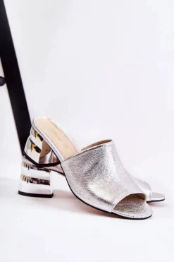 Boto Klapki Na Obcasie|Klapki Damskie Klasyczne*Skórzane Klapki Damskie Na Obcasie Srebrne Perry