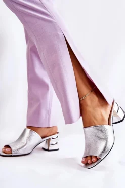 Boto Klapki Na Obcasie|Klapki Damskie Klasyczne*Skórzane Klapki Damskie Na Obcasie Srebrne Perry