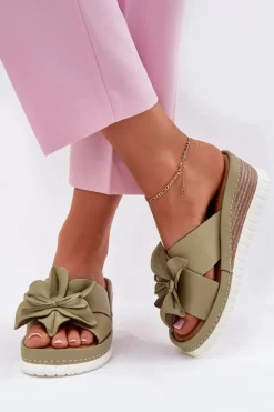 Damskie Artiker Skórzane Klapki Damskie Na Koturnie Z Ozdobnym Kwiatem 52C0503 Zielone