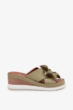 Damskie Artiker Skórzane Klapki Damskie Na Koturnie Z Ozdobnym Kwiatem 52C0503 Zielone