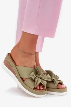 Damskie Artiker Skórzane Klapki Damskie Na Koturnie Z Ozdobnym Kwiatem 52C0503 Zielone