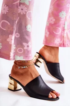 Damskie Boto Skórzane Klapki Damskie Na Obcasie Czarne Perry