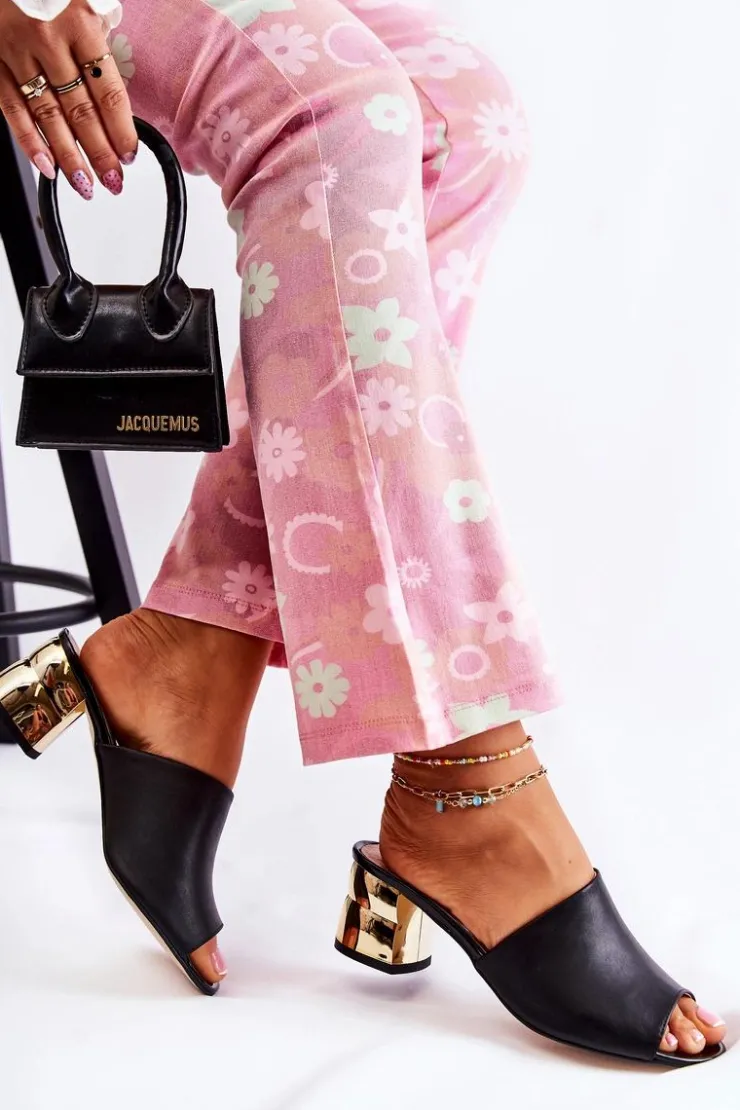 Damskie Boto Skórzane Klapki Damskie Na Obcasie Czarne Perry