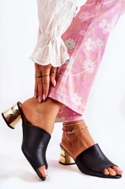 Damskie Boto Skórzane Klapki Damskie Na Obcasie Czarne Perry