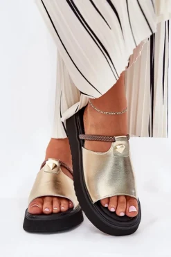 Damskie buty S.Barski Klapki Na Platformie|Klapki Damskie Klasyczne*Skórzane Klapki Damskie Na Platformie Z Ozdobnym Paskiem D&A MK51-475 Złote