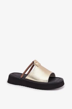 Damskie buty S.Barski Klapki Na Platformie|Klapki Damskie Klasyczne*Skórzane Klapki Damskie Na Platformie Z Ozdobnym Paskiem D&A MK51-475 Złote