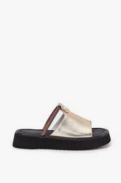 Damskie buty S.Barski Klapki Na Platformie|Klapki Damskie Klasyczne*Skórzane Klapki Damskie Na Platformie Z Ozdobnym Paskiem D&A MK51-475 Złote