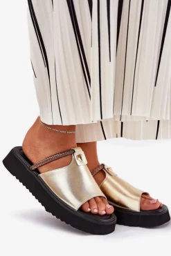 Damskie buty S.Barski Klapki Na Platformie|Klapki Damskie Klasyczne*Skórzane Klapki Damskie Na Platformie Z Ozdobnym Paskiem D&A MK51-475 Złote