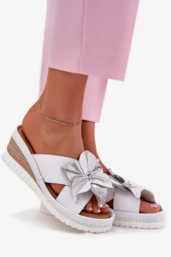 Artiker Klapki Na Koturnie|Klapki Damskie Klasyczne*Skórzane Klapki Damskie Na Koturnie Z Ozdobnym Kwiatem 54C0538 Biało-Srebrne Srebrny