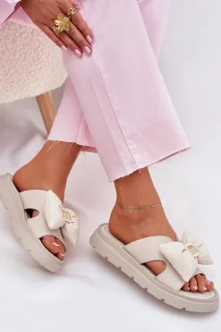 CheBello Klapki Na Platformie|Klapki Damskie Klasyczne*Skórzane Klapki Damskie Na Platformie Z Kokardą 4647 Beżowe Beżowy