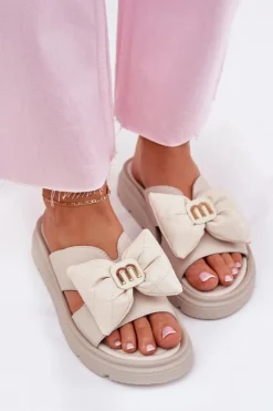 CheBello Klapki Na Platformie|Klapki Damskie Klasyczne*Skórzane Klapki Damskie Na Platformie Z Kokardą 4647 Beżowe Beżowy