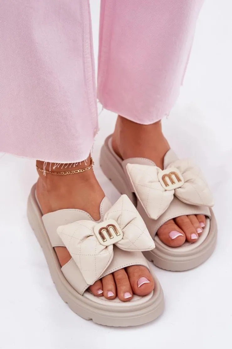 CheBello Klapki Na Platformie|Klapki Damskie Klasyczne*Skórzane Klapki Damskie Na Platformie Z Kokardą 4647 Beżowe Beżowy