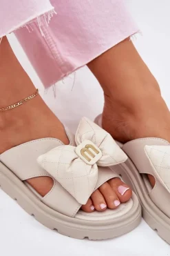 CheBello Klapki Na Platformie|Klapki Damskie Klasyczne*Skórzane Klapki Damskie Na Platformie Z Kokardą 4647 Beżowe Beżowy