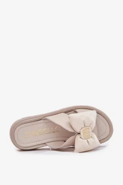 CheBello Klapki Na Platformie|Klapki Damskie Klasyczne*Skórzane Klapki Damskie Na Platformie Z Kokardą 4647 Beżowe Beżowy