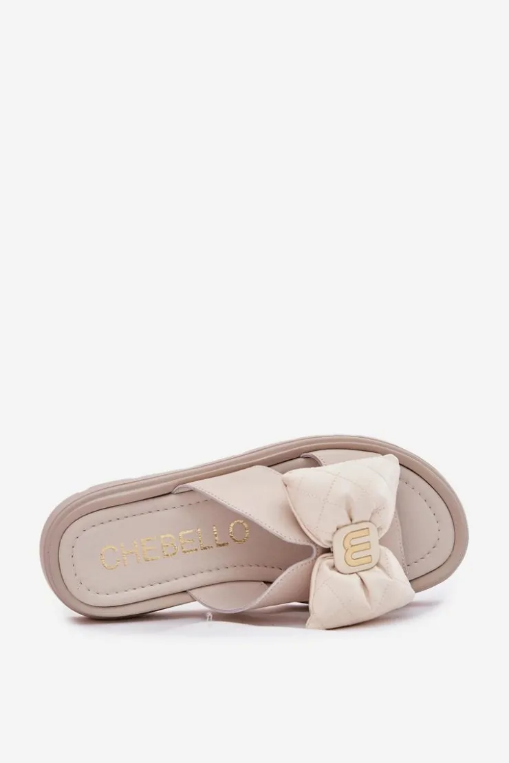 CheBello Klapki Na Platformie|Klapki Damskie Klasyczne*Skórzane Klapki Damskie Na Platformie Z Kokardą 4647 Beżowe Beżowy
