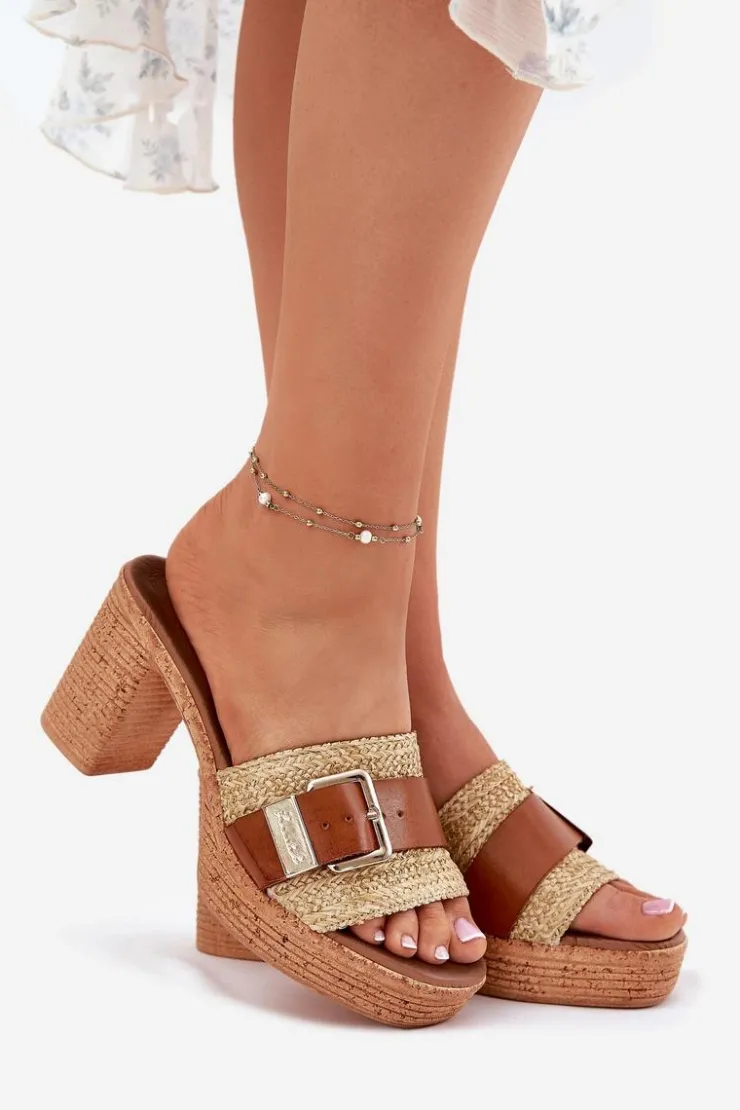 Zazoo Klapki Na Obcasie|Klapki Damskie Klasyczne*Skórzane Klapki Damskie Na Słupku Z Klamrą I Plecionką 40459 Brązowe