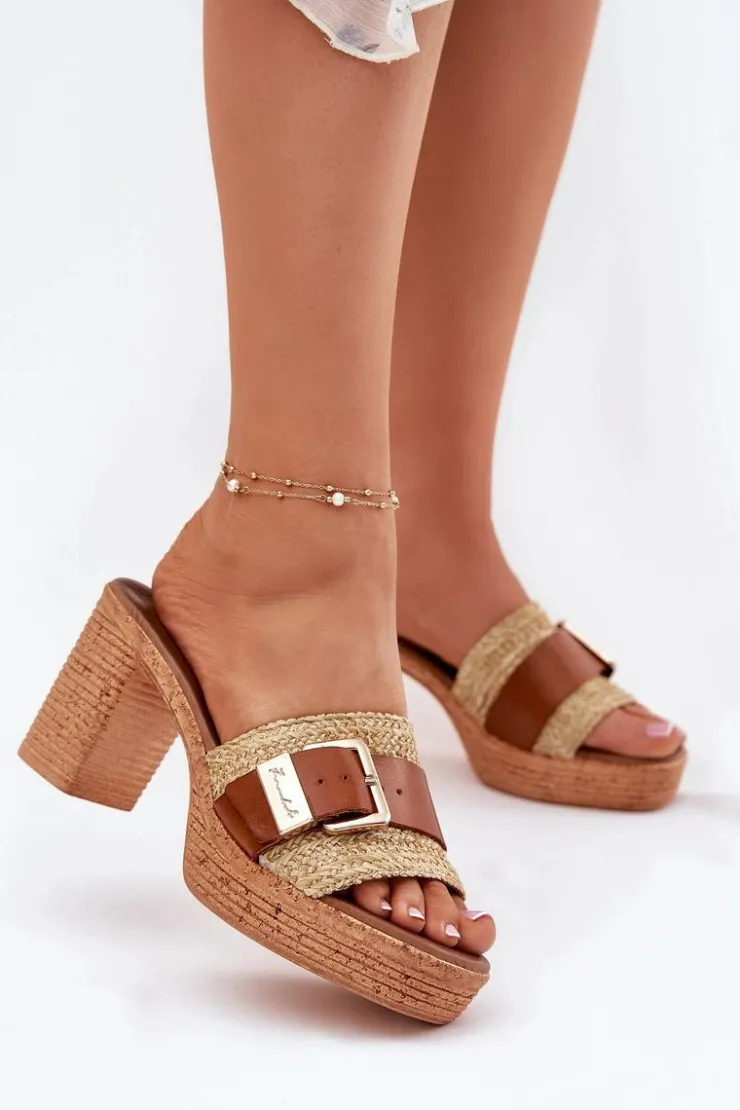 Zazoo Klapki Na Obcasie|Klapki Damskie Klasyczne*Skórzane Klapki Damskie Na Słupku Z Klamrą I Plecionką 40459 Brązowe