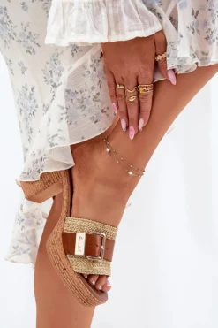 Zazoo Klapki Na Obcasie|Klapki Damskie Klasyczne*Skórzane Klapki Damskie Na Słupku Z Klamrą I Plecionką 40459 Brązowe