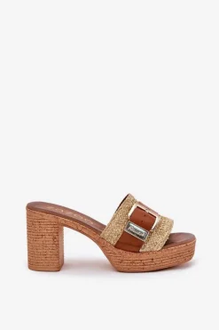 Zazoo Klapki Na Obcasie|Klapki Damskie Klasyczne*Skórzane Klapki Damskie Na Słupku Z Klamrą I Plecionką 40459 Brązowe