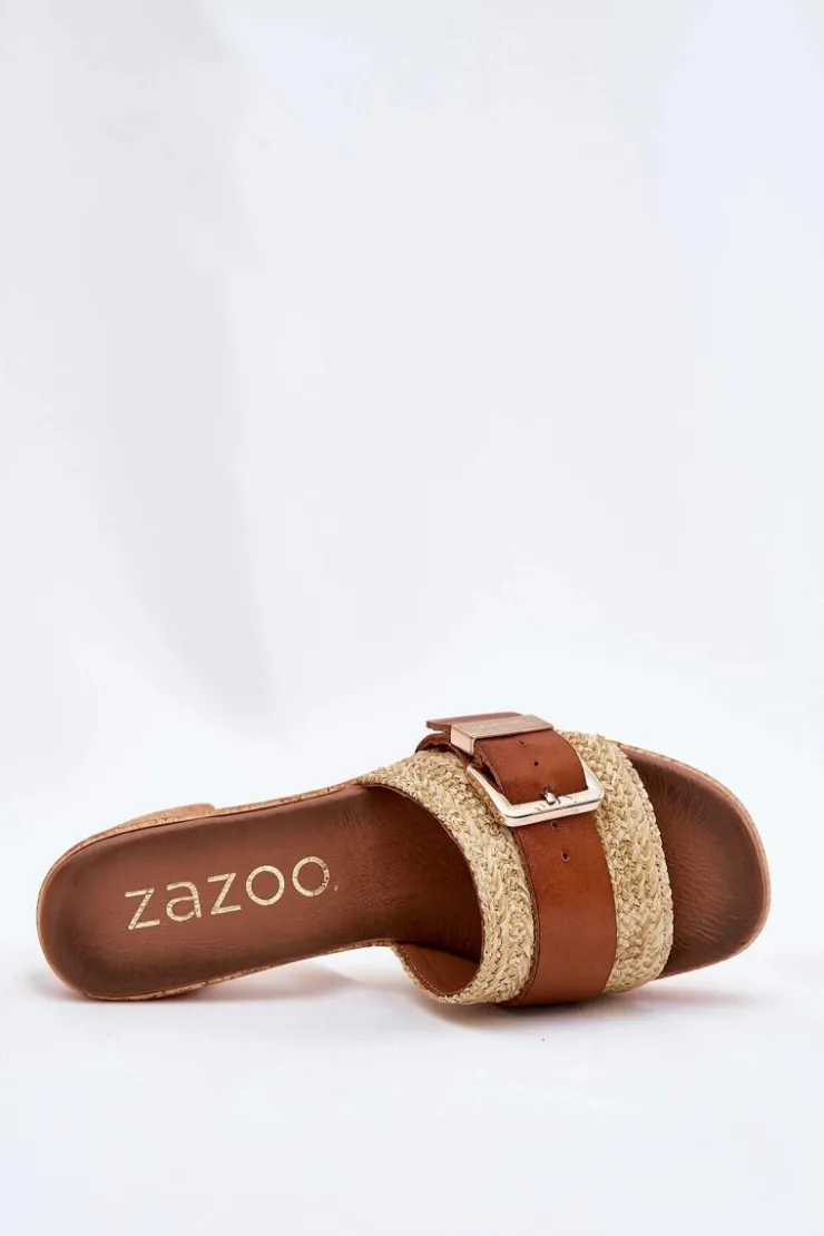 Zazoo Klapki Na Obcasie|Klapki Damskie Klasyczne*Skórzane Klapki Damskie Na Słupku Z Klamrą I Plecionką 40459 Brązowe