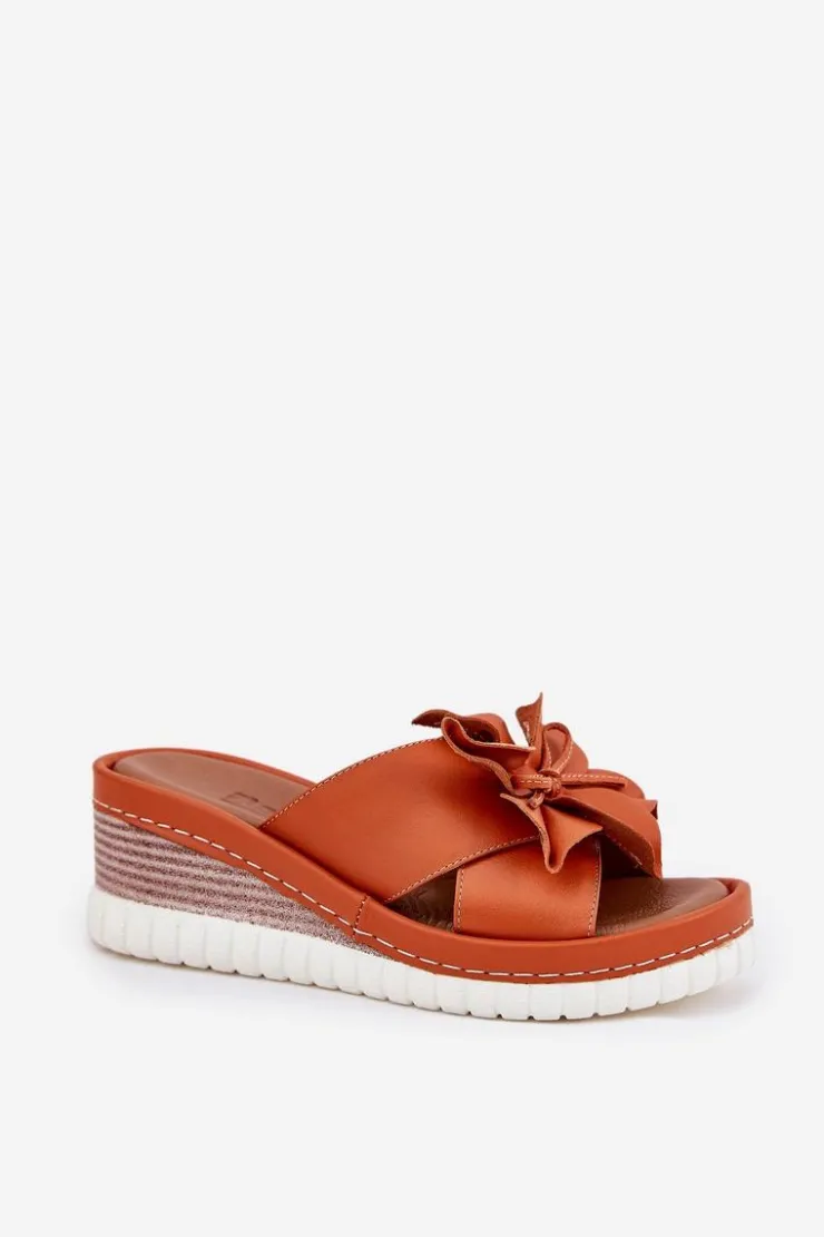 Artiker Skórzane Klapki Damskie Na Koturnie Z Ozdobnym Kwiatem 52C0505 Pomarańczowe Pomarańczowy