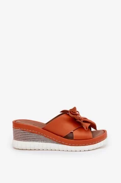 Artiker Skórzane Klapki Damskie Na Koturnie Z Ozdobnym Kwiatem 52C0505 Pomarańczowe Pomarańczowy