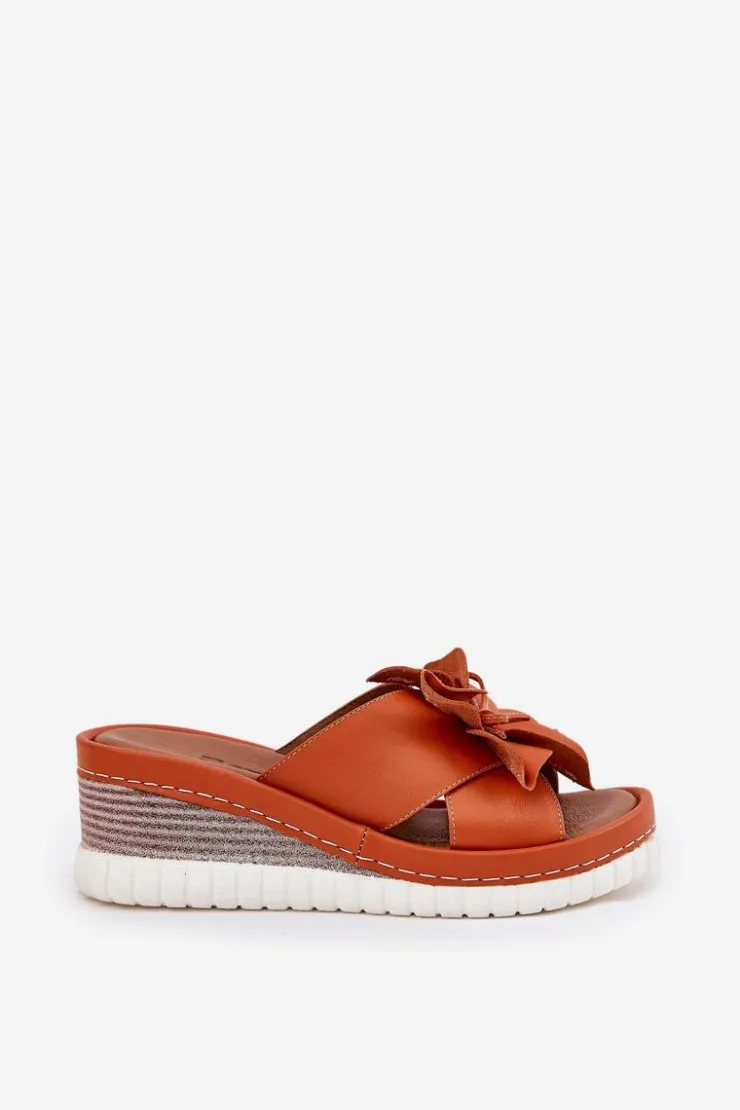 Artiker Skórzane Klapki Damskie Na Koturnie Z Ozdobnym Kwiatem 52C0505 Pomarańczowe Pomarańczowy