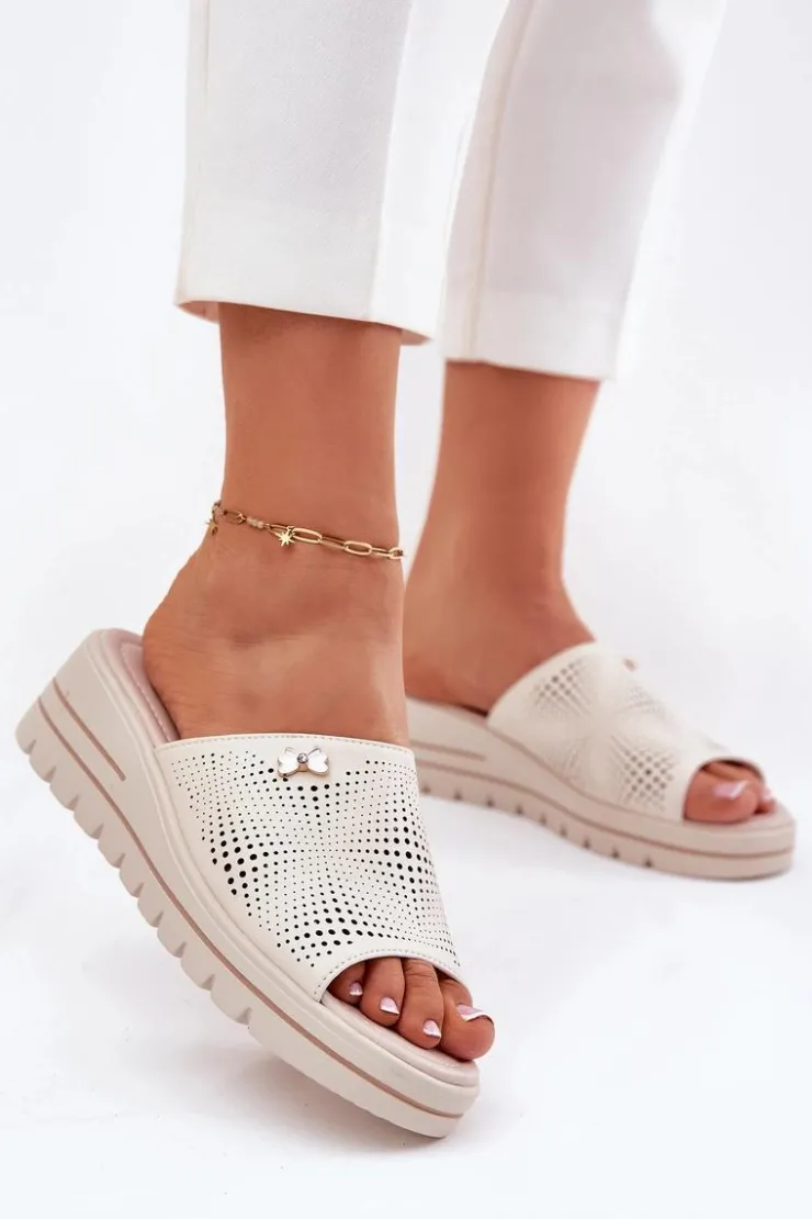 Damskie Buty damskie Vinceza Skórzane Klapki Damskie Na Koturnie Vinceza 41477 Beżowe