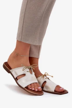 Zazoo Klapki Damskie Klasyczne*Skórzane Klapki Damskie Na Płaskim Obcasie 3022 Przecierany Złoty