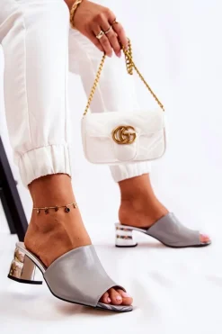 Sale Boto Skórzane Klapki Damskie Na Obcasie Szare Perry