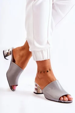 Sale Boto Skórzane Klapki Damskie Na Obcasie Szare Perry