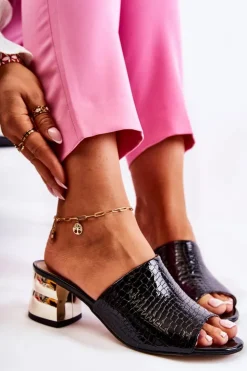 Damskie Boto Skórzane Klapki Damskie Wzór Krokodyl Na Obcasie Czarne Perry