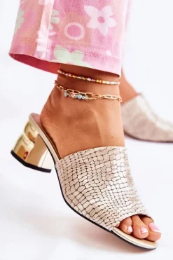 Boto Klapki Na Obcasie|Klapki Damskie Klasyczne*Skórzane Klapki Damskie Wzór Krokodyl Na Obcasie Beżowe Perry