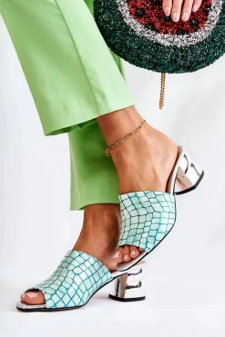 Best Boto Skórzane Klapki Damskie Wzór Krokodyl Na Obcasie Jasnozielone Perry