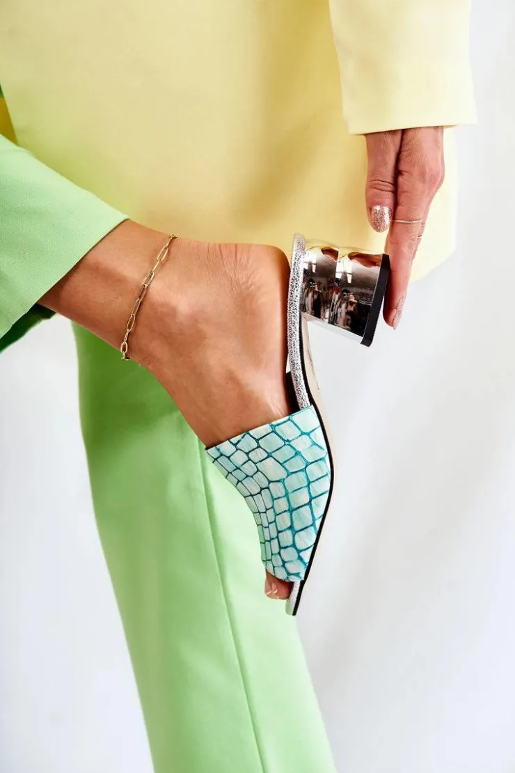 Best Boto Skórzane Klapki Damskie Wzór Krokodyl Na Obcasie Jasnozielone Perry