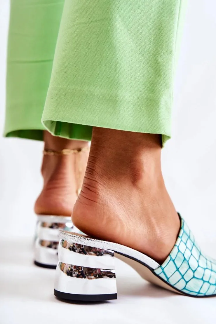 Best Boto Skórzane Klapki Damskie Wzór Krokodyl Na Obcasie Jasnozielone Perry