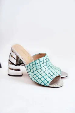 Best Boto Skórzane Klapki Damskie Wzór Krokodyl Na Obcasie Jasnozielone Perry