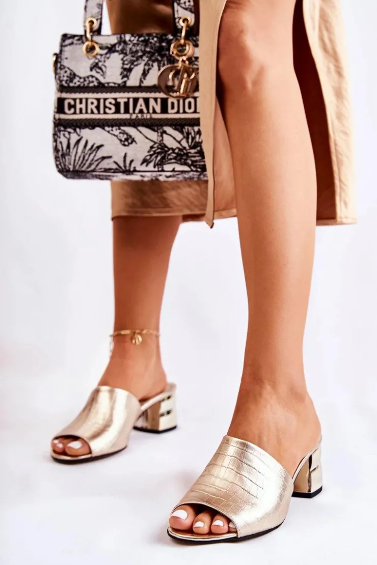 Outlet Boto Skórzane Klapki Damskie Wzór Krokodyl Na Obcasie Złote Perry