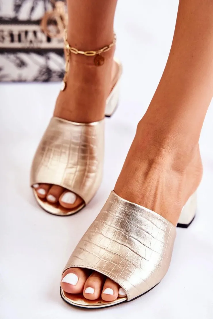 Outlet Boto Skórzane Klapki Damskie Wzór Krokodyl Na Obcasie Złote Perry