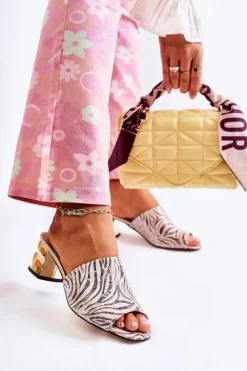 Boto Klapki Na Obcasie|Klapki Damskie Klasyczne*Skórzane Klapki Damskie Wzór Zebra Na Obcasie Różowo-Białe Perry