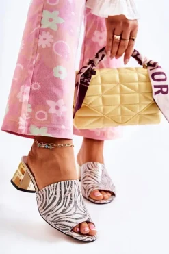 Boto Klapki Na Obcasie|Klapki Damskie Klasyczne*Skórzane Klapki Damskie Wzór Zebra Na Obcasie Różowo-Białe Perry